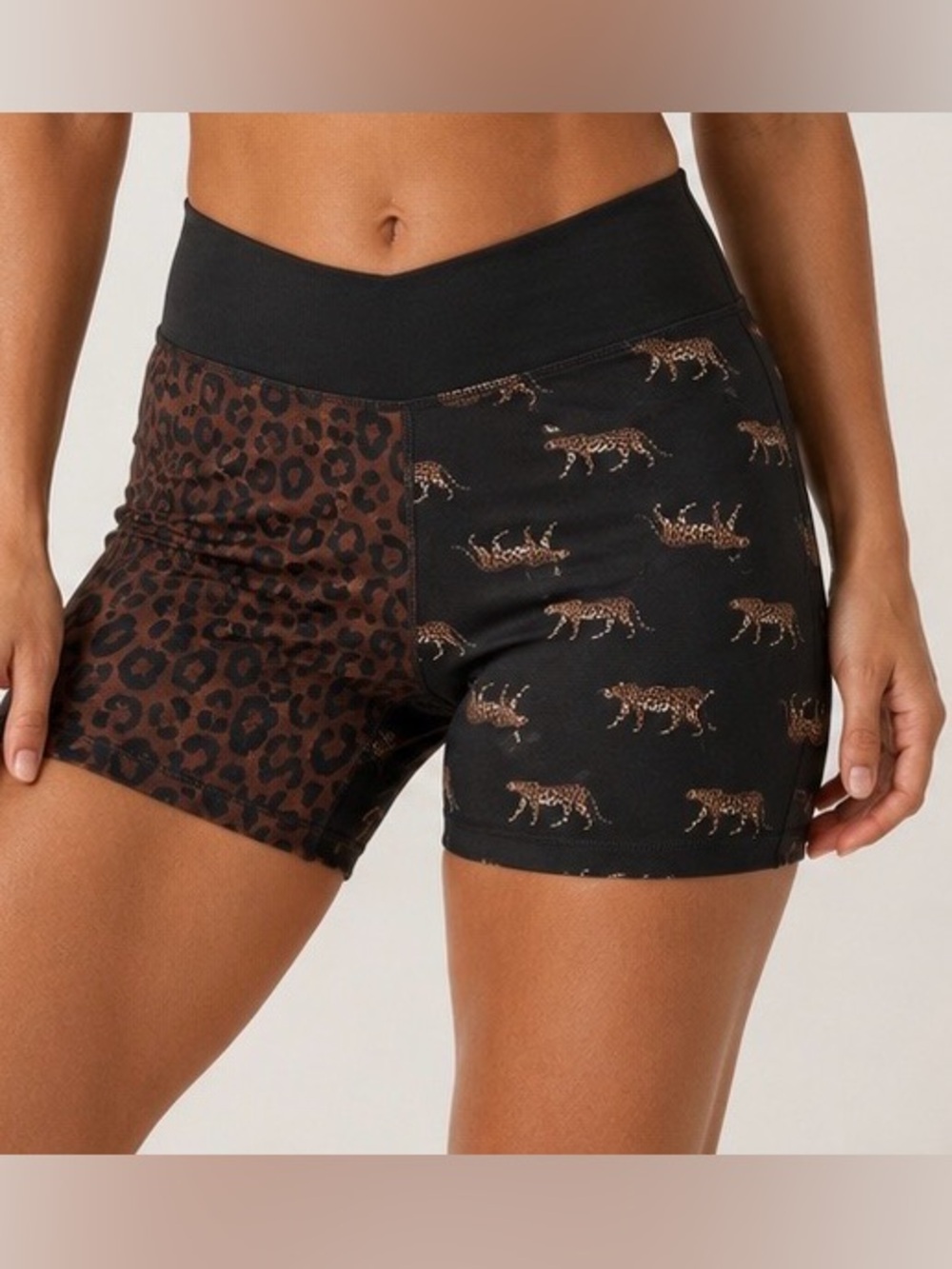 VSX Sport Leopard Block High-Waist Women’s Athletic Shorts - Black/Brown